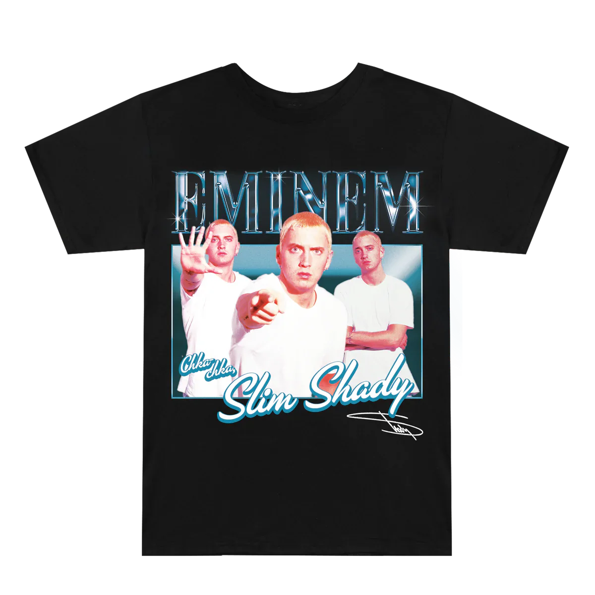 Flat lay of the Eminem SSLP25 Bootleg T-shirt, showcasing the bold front design with Eminem’s Slim Shady era images and signature.