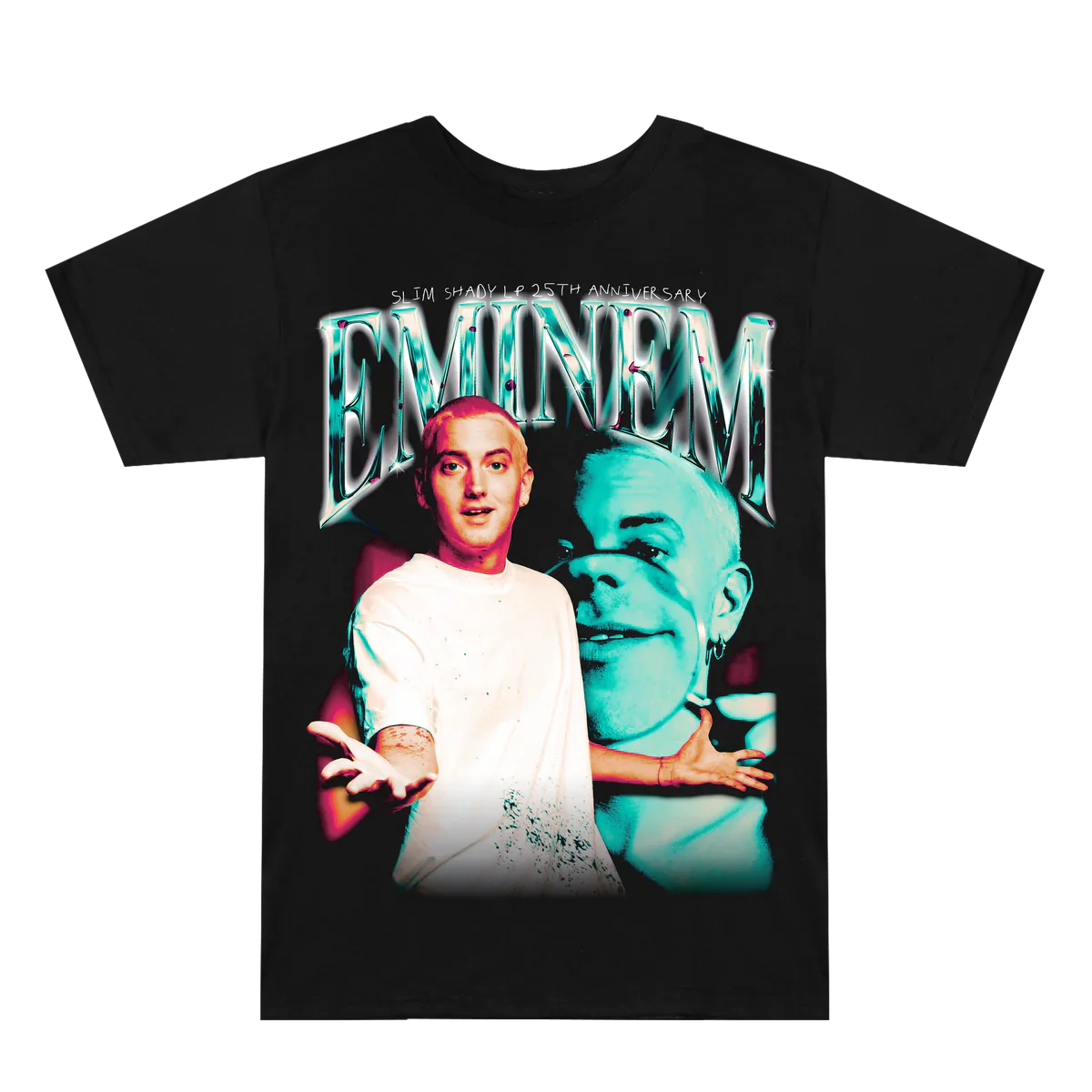 Eminem SSLP25 Chrome T-shirt with a close-up on the psychedelic print featuring Eminem’s face in a dual-toned chrome effect for the 25th anniversary.