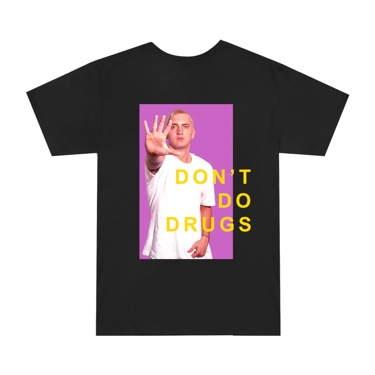 The back of Eminem's SSLP25 PSA black T-shirt, prominently featuring Eminem’s photo with the 'Don't Do Drugs' message in yellow over a purple background.