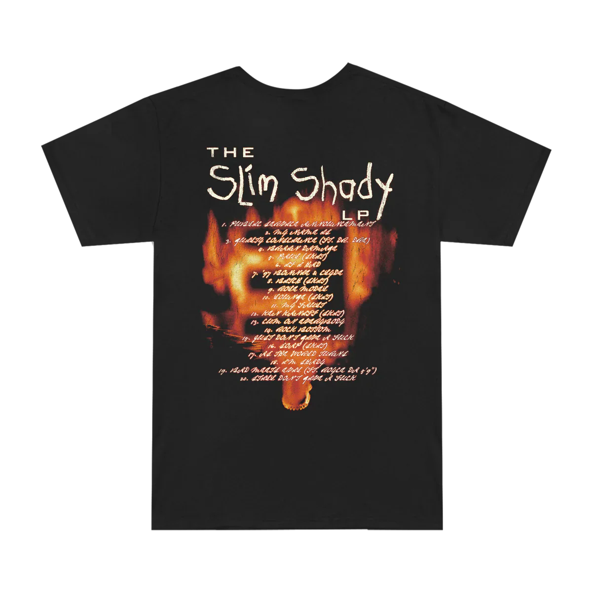 Back view of the SSLP25 Fire T-shirt flat lay, detailing the album's fiery tracklist graphic and highlighting iconic songs from Eminem's 'The Slim Shady LP'.
