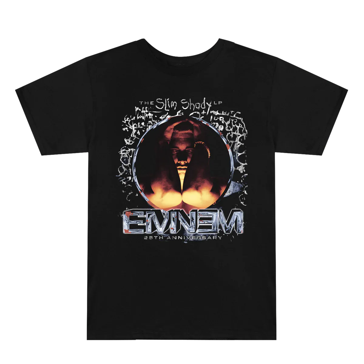 Flat lay view of the Eminem SSLP25 Portrait T-shirt featuring an intense graphic portrait of Eminem from The Slim Shady LP era with a silver 25th-anniversary emblem.