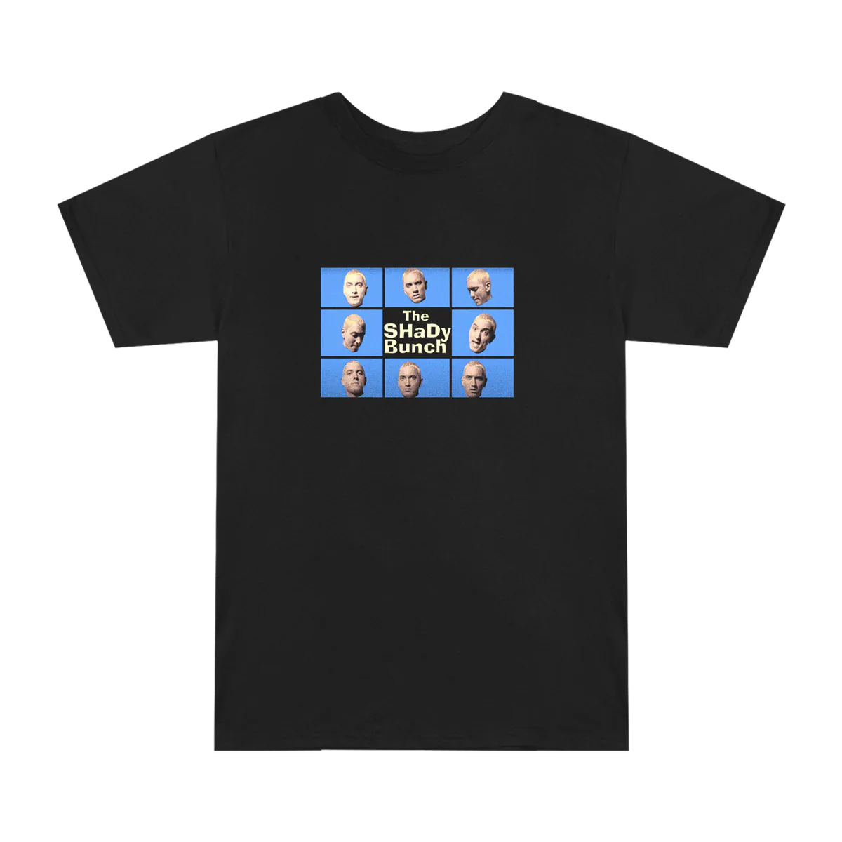 Flat lay of the SSLP25 Shady Bunch T-shirt, a nostalgic nod to Eminem's multiple personas with the 'Shady Bunch' title in a vibrant blue square frame.