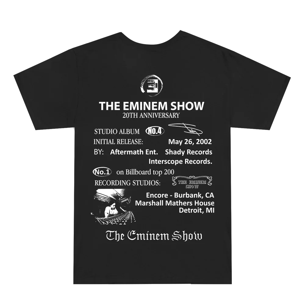 Back view of 'The Eminem Show 20th Anniversary T-Shirt' showcasing a detailed tribute to the album's release, accolades, and Eminem's recording studios.