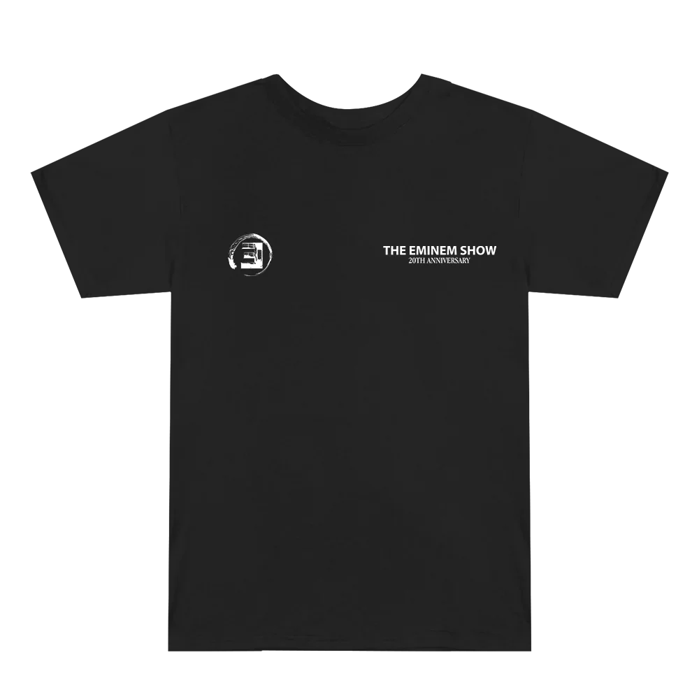 Front view of 'The Eminem Show 20th Anniversary T-Shirt' with minimalist anniversary emblem, connecting fans with Eminem's timeless album.