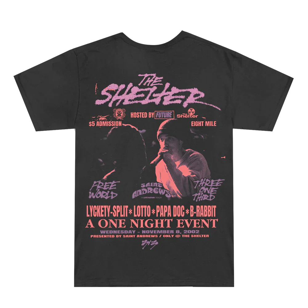 The Shelter Event Black T-Shirt featuring a vibrant event poster with Eminem's silhouette on the back, capturing the spirit of Detroit's legendary battle rap scene.
