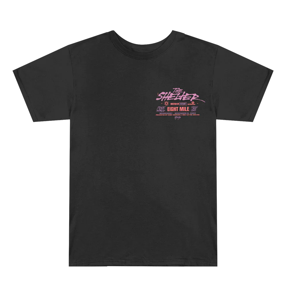 Simplistic front design of The Shelter Event Black T-Shirt with the iconic 'Shelter' logo above 'Eight Mile' text, representing Eminem's roots in Detroit's music culture.