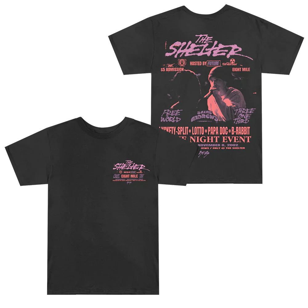 The Shelter Event Black T-Shirt displaying front chest logo and full back print with Eminem’s appearance, dates, and 'Battle Rap' event details - Limited Edition Eminem Gear.