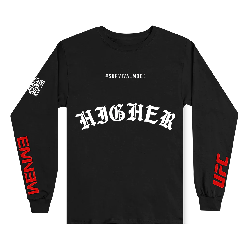 Eminem and UFC's collaborative Higher Longsleeve in black, featuring the #SURVIVALMODE hashtag on the front, 'HIGHER' text, and dynamic UFC logo on the sleeve for a strong, motivational statement.