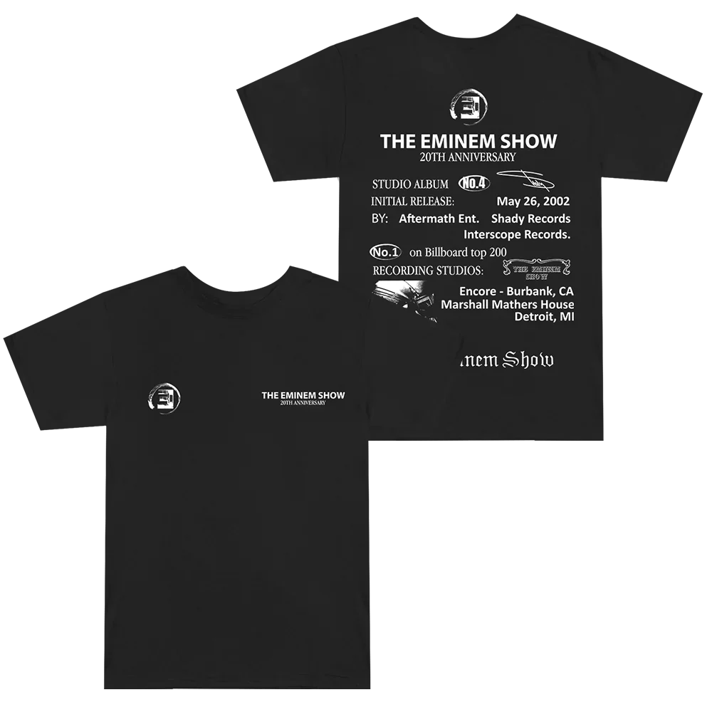 Detailed view of 'The Eminem Show 20th Anniversary T-Shirt' with album-inspired graphics and text commemorating the studio album's release and chart-topping success.